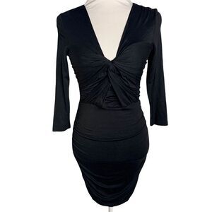 Vintage Wyatt Ruched Bodycon Midi Dress XS Black 3/4 Sleeve V Neck Knot Bust